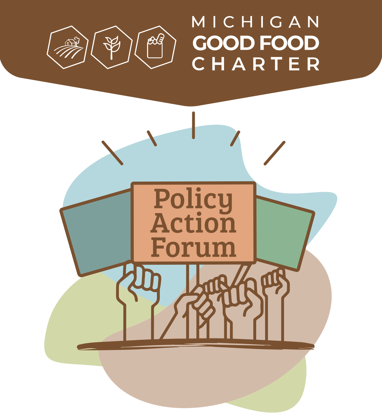The Michigan Good Food Charter Policy Action logo includes an illustration of multiple raised fists and signs.